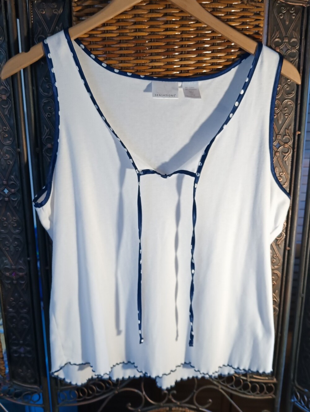 Ultra Soft White Sleepwear with Navy White Polks Dots Tie Scalloped Edges Detail